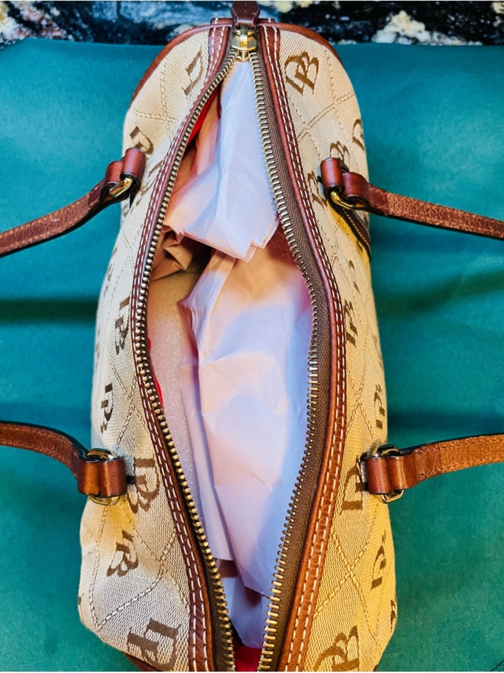 Dooney & Bourke Beige and Brown Monogram Barrel Shoulder Bag - Picture 7 of 11